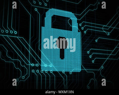 Blue digital padlock on blue circuit board Stock Photo