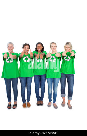 Team of happy female environmental activists giving thumbs up on white background Stock Photo