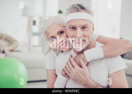 Portrait of two adorable healthy charming nice stylish cheerful Stock Photo