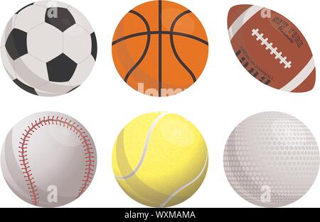 Colorful vector set of sport balls icons: basketball, football, american football, baseball, tennis, golf. Flat style. Eps 10 Stock Vector