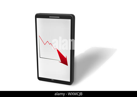 Illustration of a smartphone with chart with down arrow in the display as a 3D rendering Stock Photo