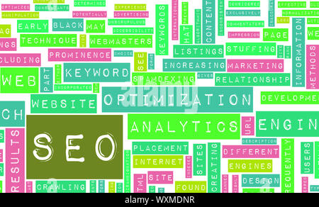 Search Engine Optimization or SEO Word Cloud Stock Photo