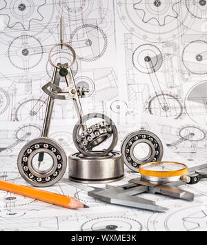 Technical drawings with the Ball bearings Stock Photo