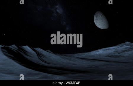 Alien Planet - 3D Rendered Computer Artwork. Rocks and moon. Stock Photo