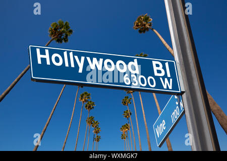 Hollywood Boulevard with  vine sign illustration on palm trees background Stock Photo