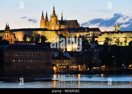 PRAGUE, CZECH REPUBLIC - AUGUST 08, 2016: Night scene of old town and Prague Castle on August 08, 2016 in Prague. Prague is the capital and largest ci Stock Photo