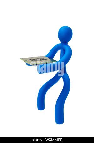 Blue rubber man keeps the processor isolated on white background Stock Photo