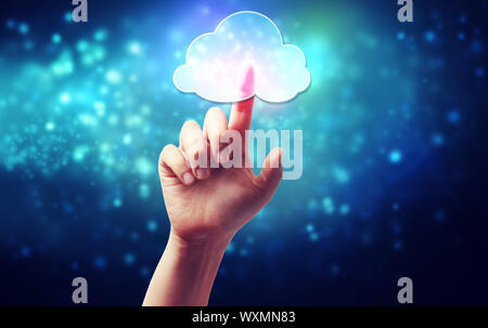 Cloud computing connectivity concept icon being pressed on a blue technology background Stock Photo