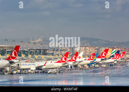 Istanbul, Turkey – February 15, 2019: Different airplanes airplane types at Istanbul Ataturk airport (IST) in Turkey. Stock Photo