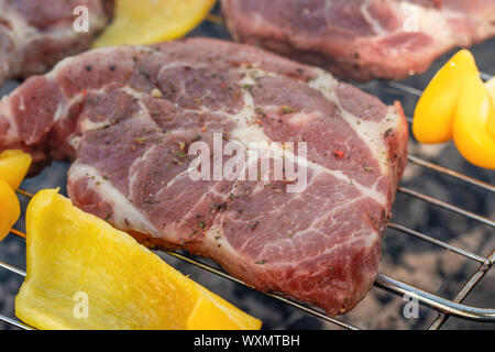 meat, steaks with grilled vegetables on the grill. Stock Photo