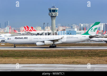 Istanbul, Turkey – February 15, 2019: Mahan Air Airbus A340 airplane at Istanbul Ataturk airport (IST) in Turkey. Stock Photo