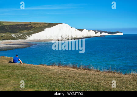 View over Cuckmere Haven from Seaford Head, near Eastbourne, East Sussex, looking east towards Seven Sisters cliffs Stock Photo