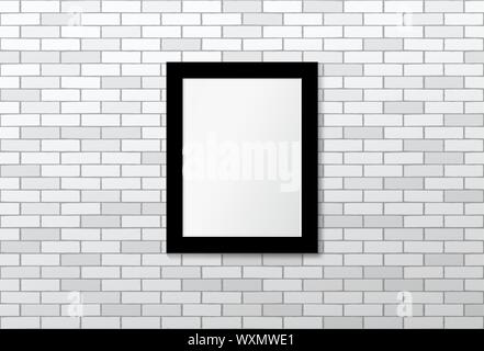 Black frame on white brick wall. Vector mock up Stock Vector
