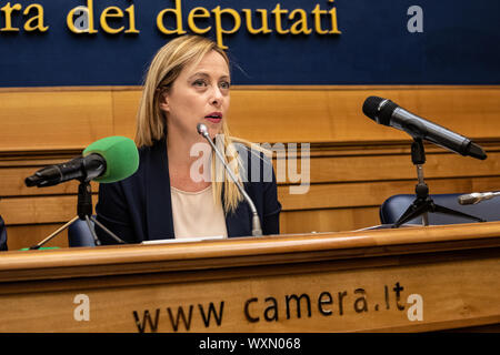 Rome, Italy. 17th Sep, 2019. Giorgia Meloni, leader of Brothers of Italy (political party) speaks during the press conference at Palazzo Chigi in Rome. Credit: SOPA Images Limited/Alamy Live News Stock Photo