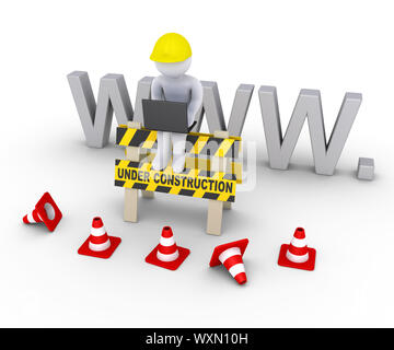 3d worker with laptop is sitting on an under construction sign in front of www letters Stock Photo