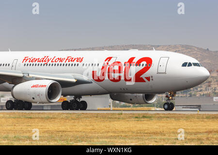 Alicante, Spain – July 6, 2019: Jet2 Airbus A330 airplane at Alicante airport (ALC) in Spain. Stock Photo