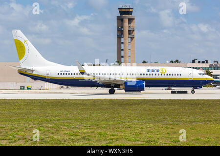 Fort Lauderdale, Florida – April 6, 2019: Miami Air International Boeing 737-800 airplane at Fort Lauderdale airport (FLL) in Florida. Stock Photo