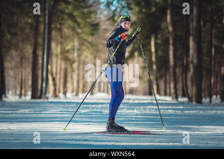 Cross-country skiing woman doing classic nordic cross country skiing in trail tracks in snow covered forest. Training track for skiers in the park of Stock Photo