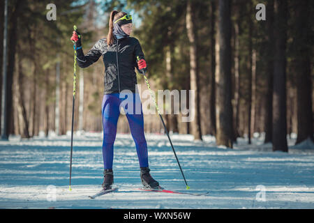 Cross-country skiing woman doing classic nordic cross country skiing in trail tracks in snow covered forest. Training track for skiers in the park of Stock Photo