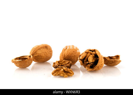 open and closed walnuts Stock Photo
