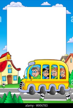 School frame with bus and kids - color illustration. Stock Photo