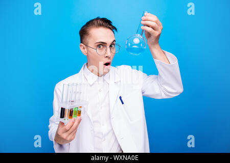 Portrait of clever smart nice handsome caucasian guy in white un Stock Photo