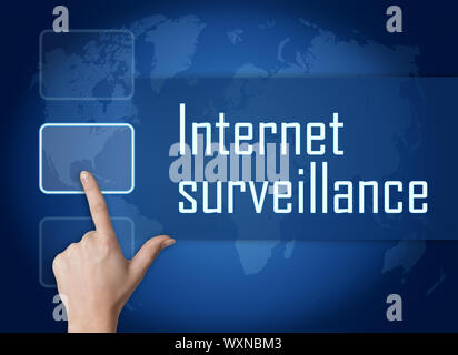 Internet surveillance concept with interface and world map on blue background Stock Photo