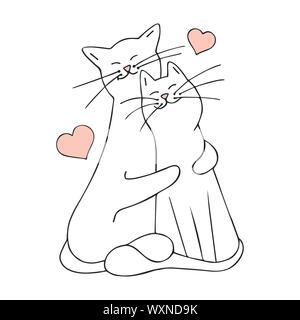 Vector hand drawn illustration isolated on white background. Cats in love. Happy smiling hugging kittens with flying hearts. Valentine Day Stock Vector