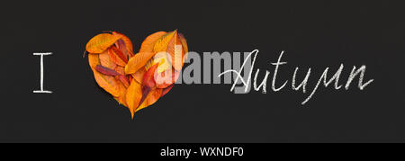 Creative composition of text and heart of leaves on black Stock Photo
