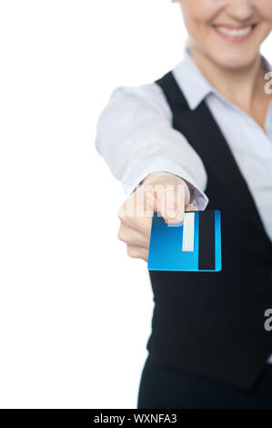 Pretty young model offering you a credit card. All on white background ...