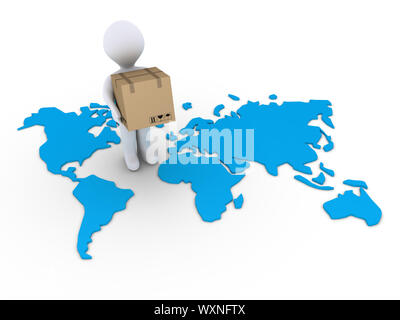 3d person holding a carton box on a world map Stock Photo