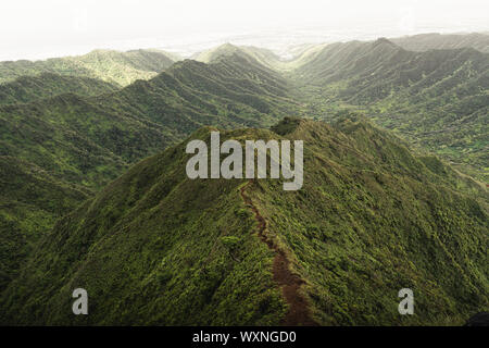 Mountain top views in Oahu. Dirt trail on ridgeline looking back down the valley towards the start of the Moanalua Valley Trail. Stock Photo