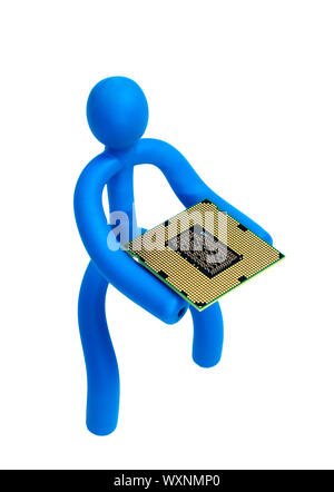 Blue rubber man keeps the processor isolated on white background Stock Photo
