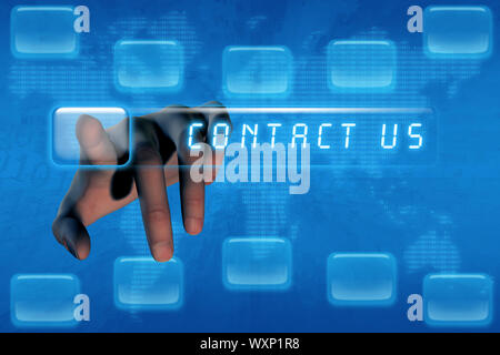 Hand pushing contact us button on a touch screen interface Stock Photo