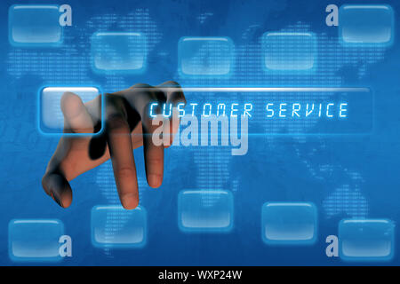 Hand pushing customer service button on a touch screen interface Stock Photo