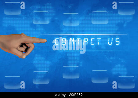 Hand pushing contact us button on a touch screen interface Stock Photo