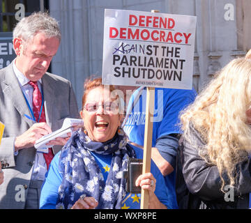 London, UK. 17th September 2019.  Demonstrator holding protest outside the Supreme Court, waiting for the ruling on the Legal challenge to the Prorogation of parliament. Pro defend democracy supporter holding silence protest, with sign to "Defend Democracy" waiting for answer to challenge of legality of shut down of parliament. Stock Photo