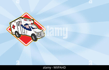 business card showing illustration of an EMT emergency medical technician paramedic driving ambulance vehicle waving hands done in cartoon style set i Stock Photo