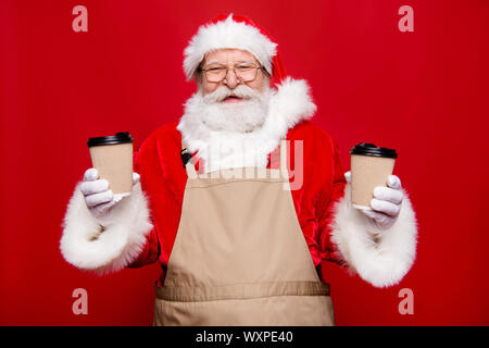Pause break concept. Rejoice emotions cheerful stylish positive handsome glad aged grandfather Santa in gloves white beard hold two hot beverages Stock Photo
