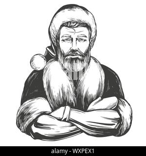 Modern Santa Claus macho man, Christmas symbol hand drawn vector illustration sketch. Stock Vector