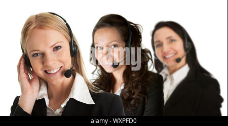 Group of cheerfull call center operators. Isolated on white Stock Photo