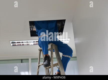 Technician sitting on a ladder while working in the opening ceiling Stock Photo