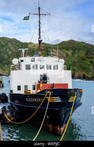 MS Oldenburg Lundy Island Support Ship in Ilfracombe. Owned by the Landmark Trust the vessel was built in 1958 in Bremen. Passenger capacity 267. Stock Photo