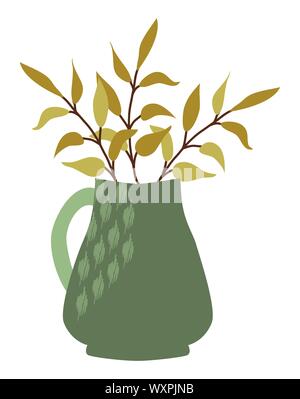 Branches in kettle hand drawn vector flat illustration. Twigs with autumn leaves in teapot isolated on white background. Stock Vector