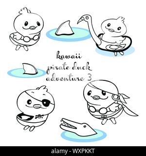 Illustration with black line art adventure theme, pirate duck, shark fin, crocodile and flamingo swim ring. Funny and cute design perfect for paper and textile projects. Stock Vector