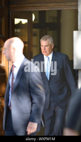 Westminster, London, UK. 17th September 2019. Prince Andrew, Duke of York leaves Sixty One Whitehall - prestigious event and conference venue in Westminster catering for 'Corporate and Private Events, ranging from high profile conferences to intimate dinners and receptions' - before driving himself away in his Jaguar Stock Photo