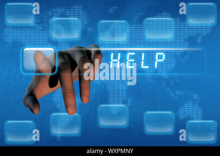 Hand pushing help button on a touch screen interface Stock Photo