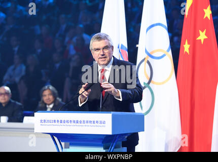 Beijing, China. 17th Sep, 2019. International Olympic Committee (IOC) president Thomas Bach addresses the 2022 Beijing Winter Olympic and Paralympic Games mascot launch ceremony in Beijing, capital of China, Sept. 17, 2019. Credit: Shen Hong/Xinhua/Alamy Live News Stock Photo