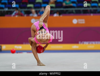 Baku, Azerbaijan. 17th Sep, 2019.  Adilya Tlekenova of Kazakstan during the 37th Rhythmic Gymnastics World Championships match between and Day 2 at the National Gymnastics Arena in Baku, Azerbaijan. Ulrik Pedersen/CSM. Credit: Cal Sport Media/Alamy Live News Stock Photo