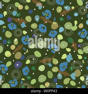 Green vector repeat pattern with fish pond and koi. Floral design with lotus or water lily leaf. Simple, modern design. Perefect for textile and paper projects. Stock Vector